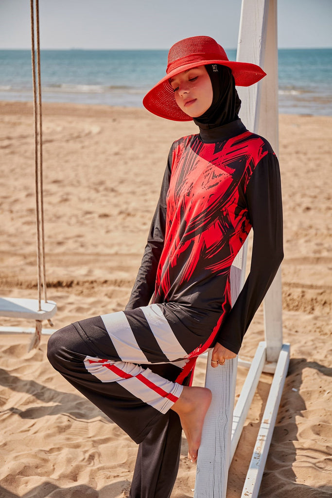 Patterned Black Full Closed Hijab Swimsuit M2303