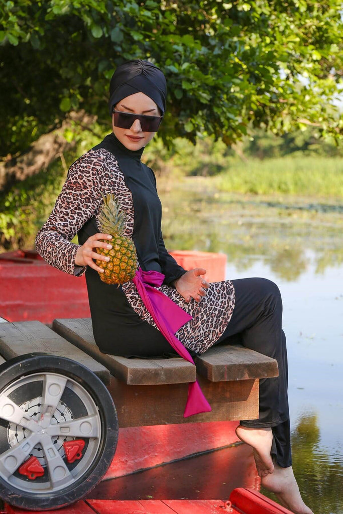 4-pack Fully Covered Hijab Swimsuit, Burkini, Modest Swimwear, Summer Dresses Women, Leopard Pattern, Black Long Sleeve, M2104